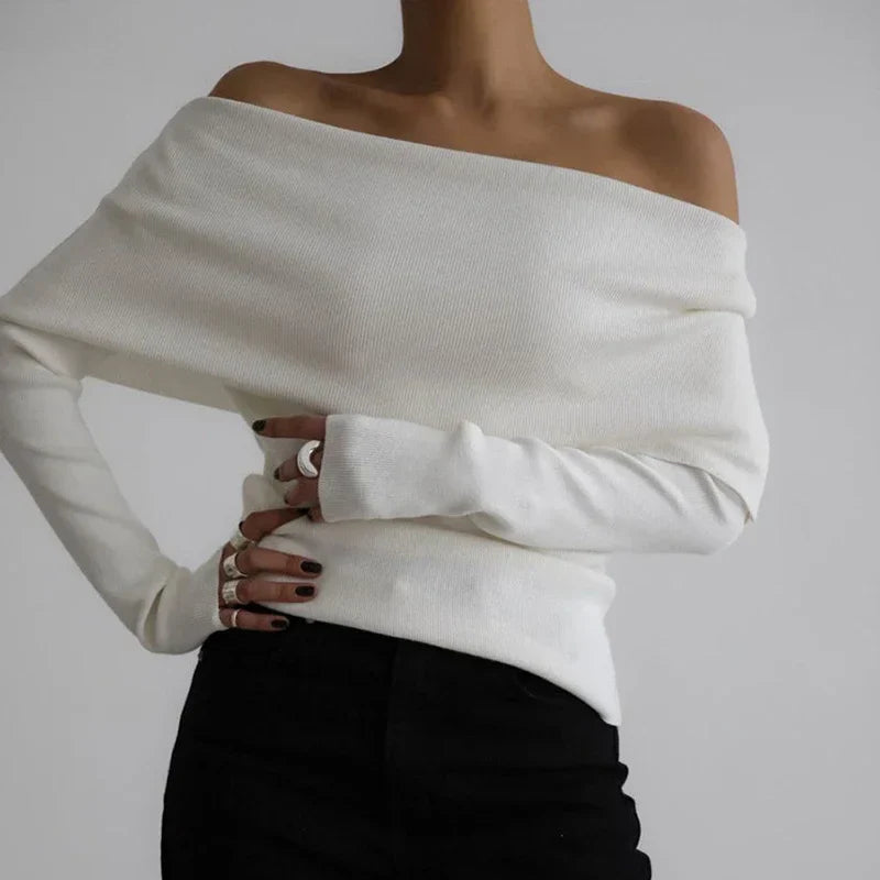 Aovica Women's Sweater Pullovers Long Sleeve Knitted One-Shoulder Sexy Slim Top Solid Color Autumn Winter 2024 Fashion Casual