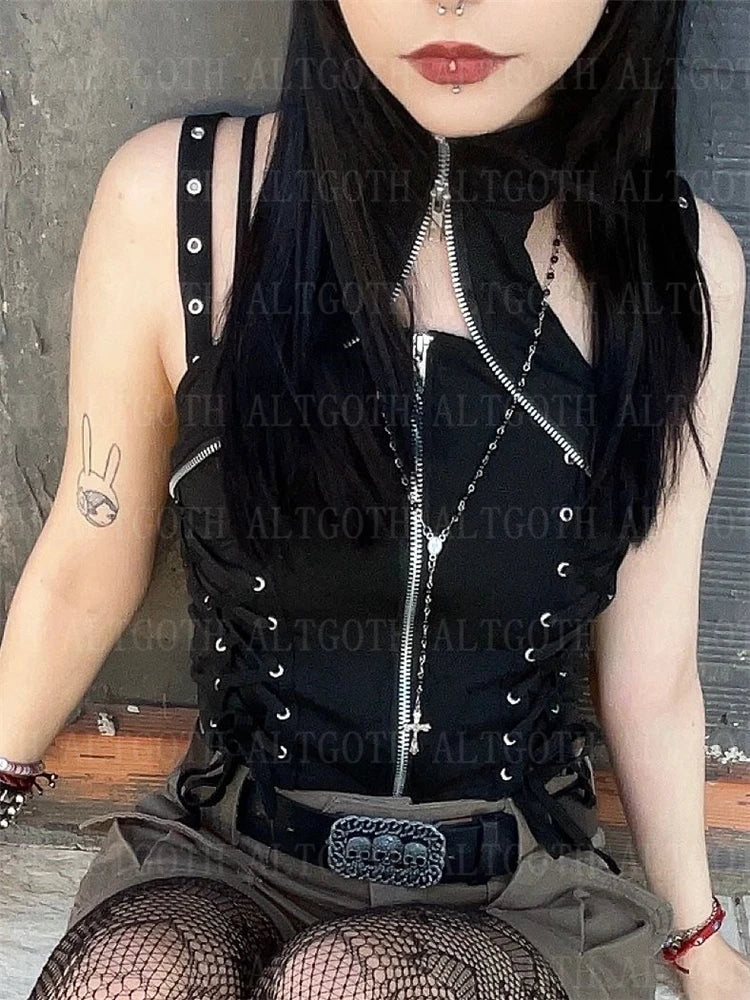 Aovica Harajuku Dark Goth Vest Women Cyber Punk Streetwear Bandage Hollow Out Corset Crop Tank Tops Emo Alternative Rave Outfit