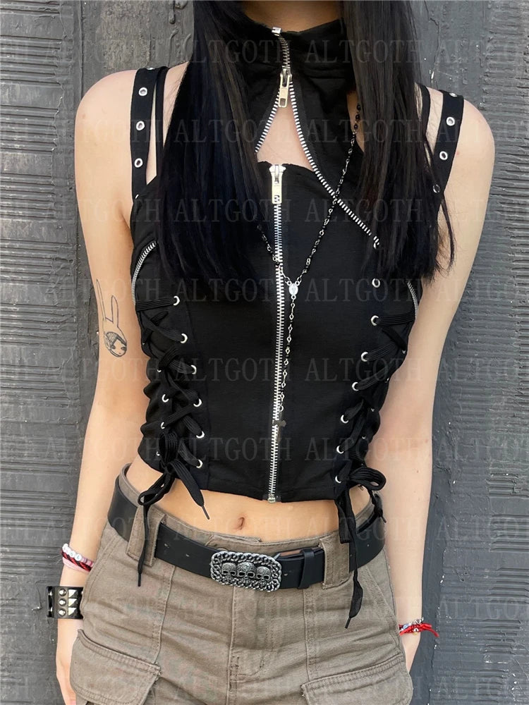 Aovica Harajuku Dark Goth Vest Women Cyber Punk Streetwear Bandage Hollow Out Corset Crop Tank Tops Emo Alternative Rave Outfit