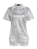AOVICA Turndown Collar Sequined Shorts Set summer short sleeve T-shirt Top +shorts sets casual Trendy two-piece set women's clothing