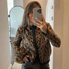 Aovica Fashion Lepard Knitted Sweater Cardigan For Women Loose Casual Long Sleeve Retro Single Breatted Sweater Autumn Outwear