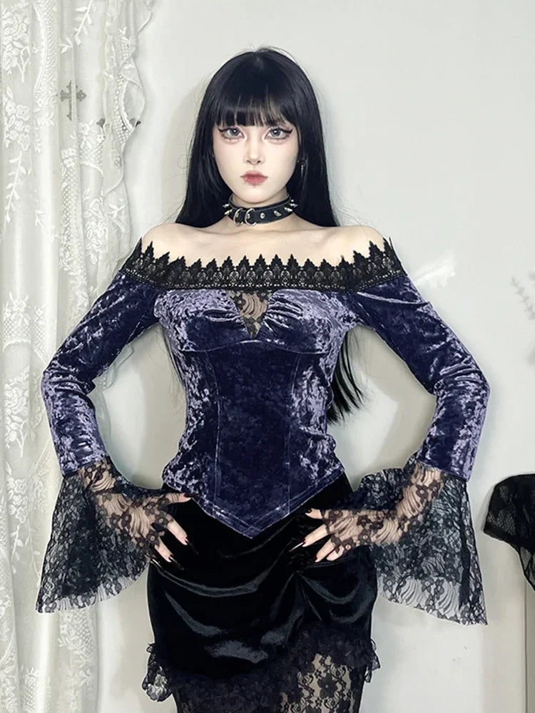 Aovica Aesthetic Dark Gothic Velvet T-shirt Women Vintage Streetwear Elegant Fairy Lace Patchwork Flare Sleeve Crop Tee Tops