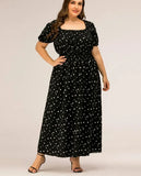 AOVICA Square Neck Polka Dot Puff Sleeve Dress Women Black Elegant High Waist Dresses Plus Size A-line Summer Long Dress