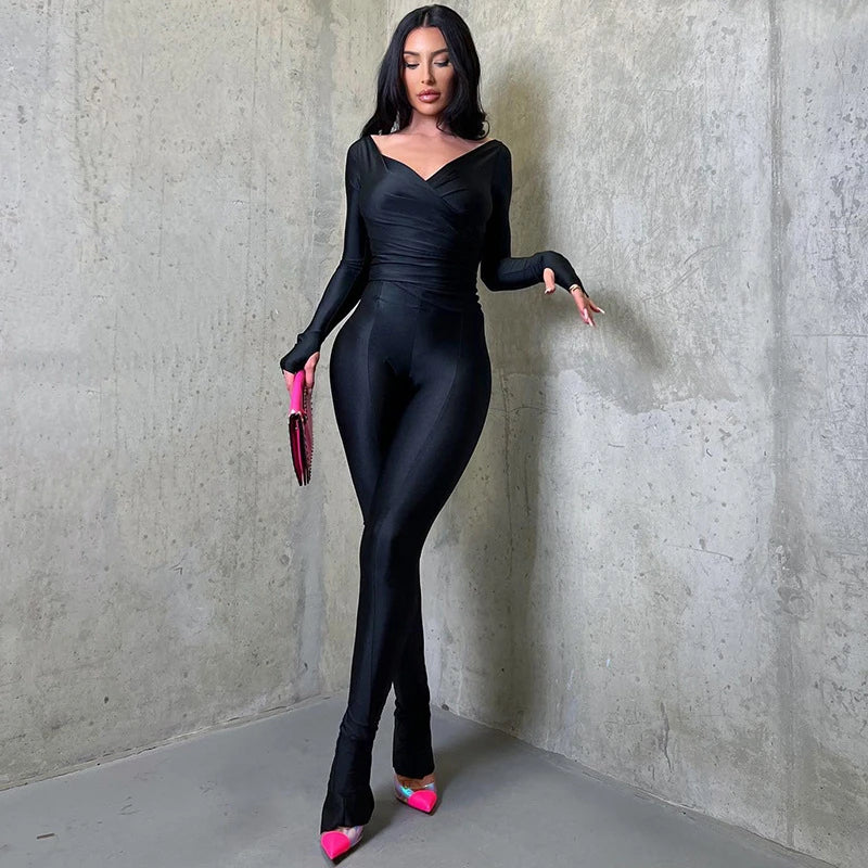 AOVICA-Solid Black Casual Two Piece Set Women Fashion Sexy Wrapped V Neck Gloves Long Sleeve Slim Tops High Waist Split Pants Suits