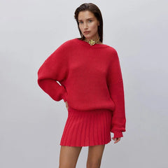 Aovica Autumn Fashion Knitted Top And Skirt Set Women's Backless Double Collar Sweater High Waist Folds Mini Skirt Matching Set