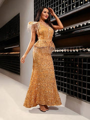 Aovica-New Arrival Fashion Sexy Casual Slim Fit Elegant Gown Shawl Sleeveless Ladies Banquet Evening Dress Sets