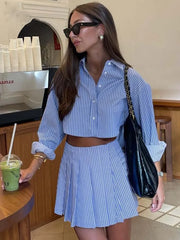 Aovica Fashion Blue Striped Print Suit For Women Elegant Long Sleeve Button Crop Tops And High Waist Pleated Skirts 2 Pieces Set