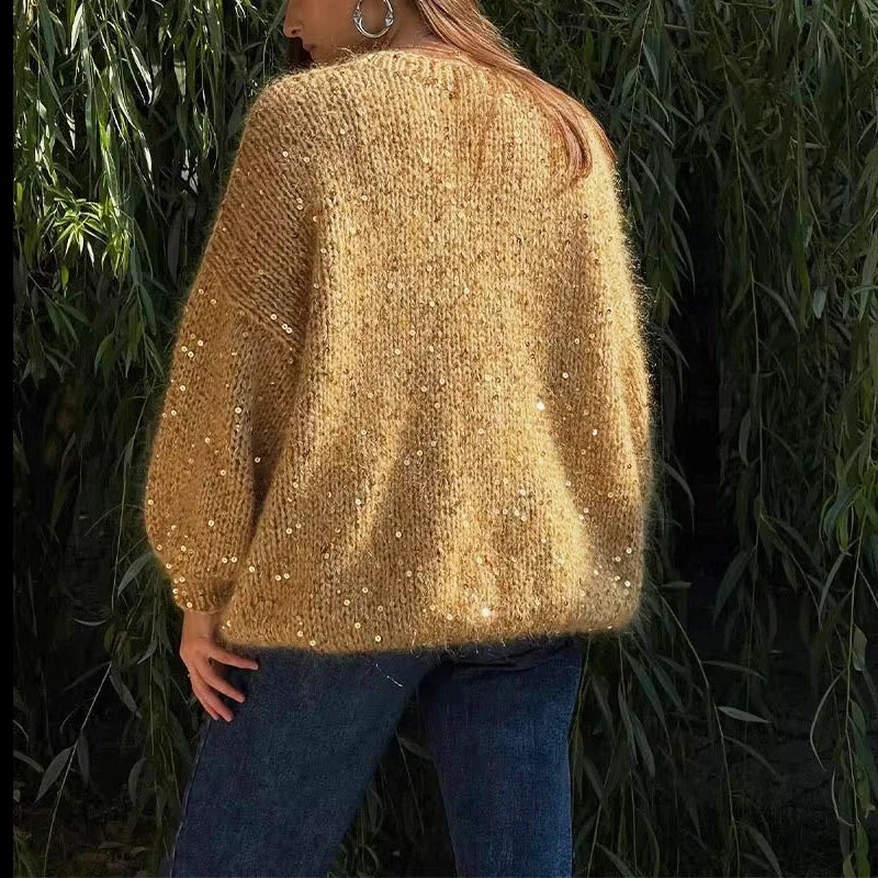 Aovica Fashion Sequined Mohair Sweater Women's New Loose O-neck Lantern Long Sleeve Glitter Knitted Pullover Sweater Streetwear