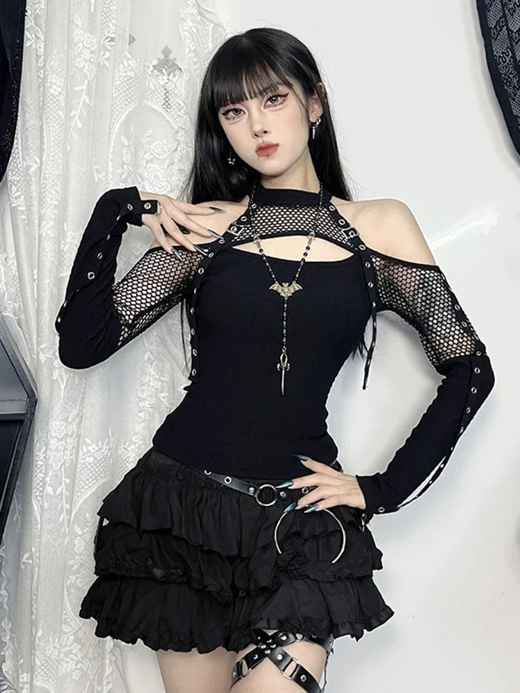 Aovica Mall Gothic Sexy T-shirt Women Streetwear Harajuku Y2k E-girl Mesh Patchwork Hollow Out Long Sleeve Halter Crop Tee Tops