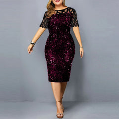 AOVICA-plus size Sequined women clothing 2024 fashion splicing midi dress crew neck short sleeve High waist Skinny Elegant dresses