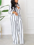 AOVICA Striped Wide Leg Pants Set Workout 2pcs Outfits Long Sleeve Lapel Neck Button T-shirt&Loose Fit Trousers OL Fall Clothing