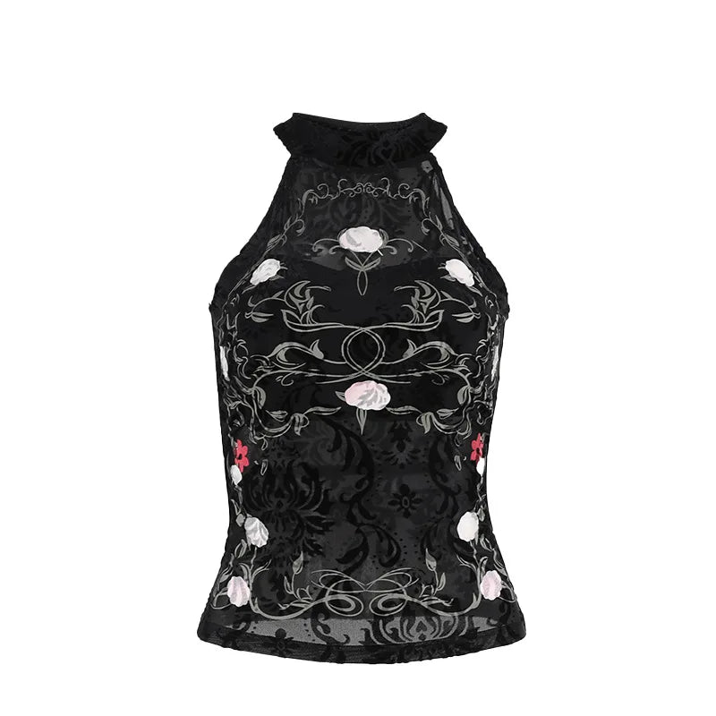 Aovica-Halloween Outfits Halloween Gifts Gothic Style Black Neo-Chinese Style Halter Tank Tops Sexy Vintage Plant Print Flocking Backless Crop Tops Women Summer Camis Tops