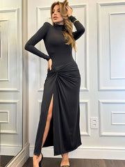 Aovica Sexy Slit Ruched Long Dress For Women Fashion Splice Half High Collar Bodycon Dresses Long Sleeve Elegant Party Clothes