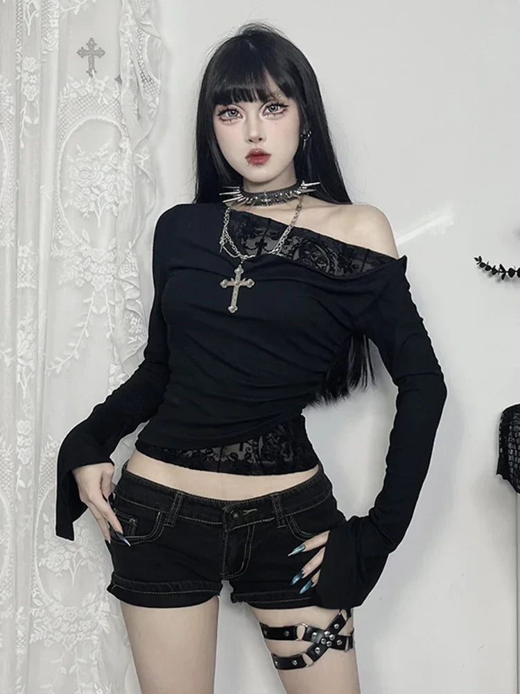 Aovica Aesthetic Gothic Black T-shirt Women Streetwear Elegant Flocking Patchwork Skew Collar Long Sleeve Crop Tee Tops Autumn