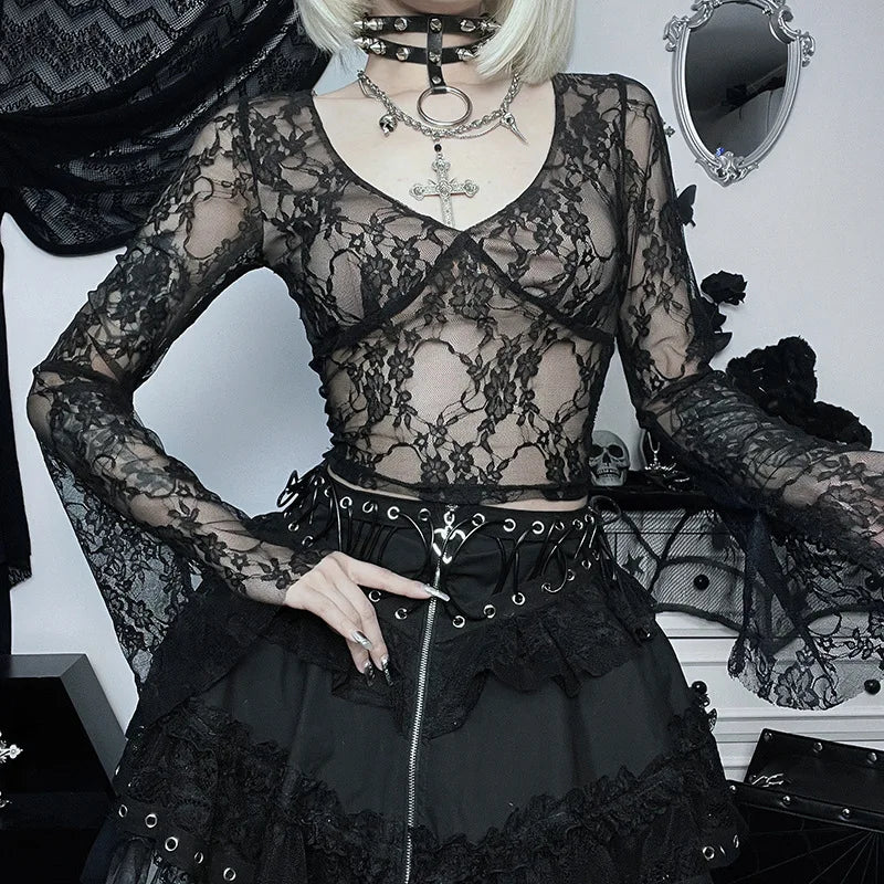 Aovica-Halloween Outfits Halloween Gifts Gothic Style Y2k Style Fairycore See Through Lace Shirts V Neck Flared Long Sleeve Crop Tops Womens Clothing Trending