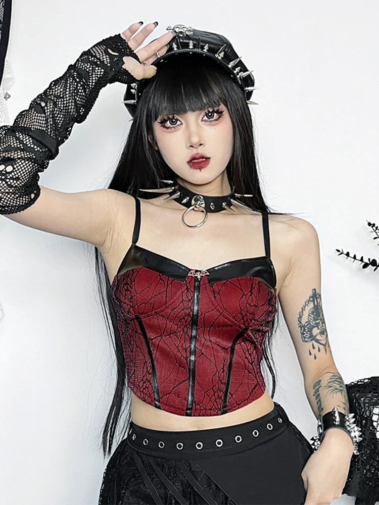 Aovica Gothic Punk Red Camis Women Streetwear Harajuku Spiderweb Patchwork Crop Tank Tops Emo Alternative Grunge Rave Outfits