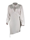 AOVICA Plain White Dresses Turndown Collar Side Drawstring Shirt Mini Dress Polo Collar Long Sleeve Deep V Neck Button Vestidos