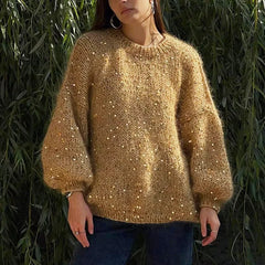 Aovica Fashion Sequined Mohair Sweater Women's New Loose O-neck Lantern Long Sleeve Glitter Knitted Pullover Sweater Streetwear