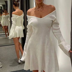 Aovica Autumn Winter Sweater Dress Sexy Off-Shoulder Women's A-Line Hem Elegant Rib Knit Mini Dresses Long Sleeve Higt Waisted