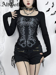 Aovica Harajuku Punk T-shirt Women Dark Gothic Streetwear Bone Printed Back Hollow Out Long Sleeve Tee Tops Y2k Rave Outfits