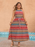 AOVICA Plus Size Ethnic Print Tie Halter Neck Belted Dress Women 2024 Summer Bohemian Beach Vacation A-line Swing Long Dresses