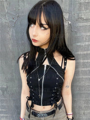 Aovica Harajuku Dark Goth Vest Women Cyber Punk Streetwear Bandage Hollow Out Corset Crop Tank Tops Emo Alternative Rave Outfit