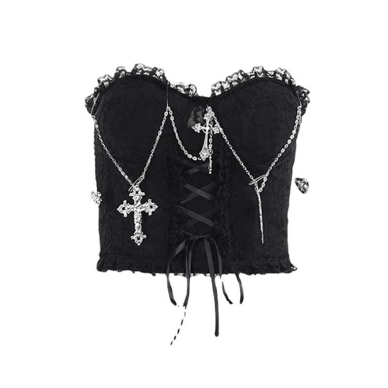 Aovica-Halloween Outfits Halloween Gifts Gothic Style Emo Gothic Cross Chain Crop Tube Top Women's Sexy Harajuku Ruched Lace Trim Strapless E Girl Hippie Party Grunge Tops