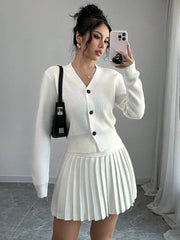 Aovica Retro Knitted Long Sleeve Sweater High-Waisted Pleated Skirt Two Piece Set For Women Niche Solid Matching Sets Autumn New