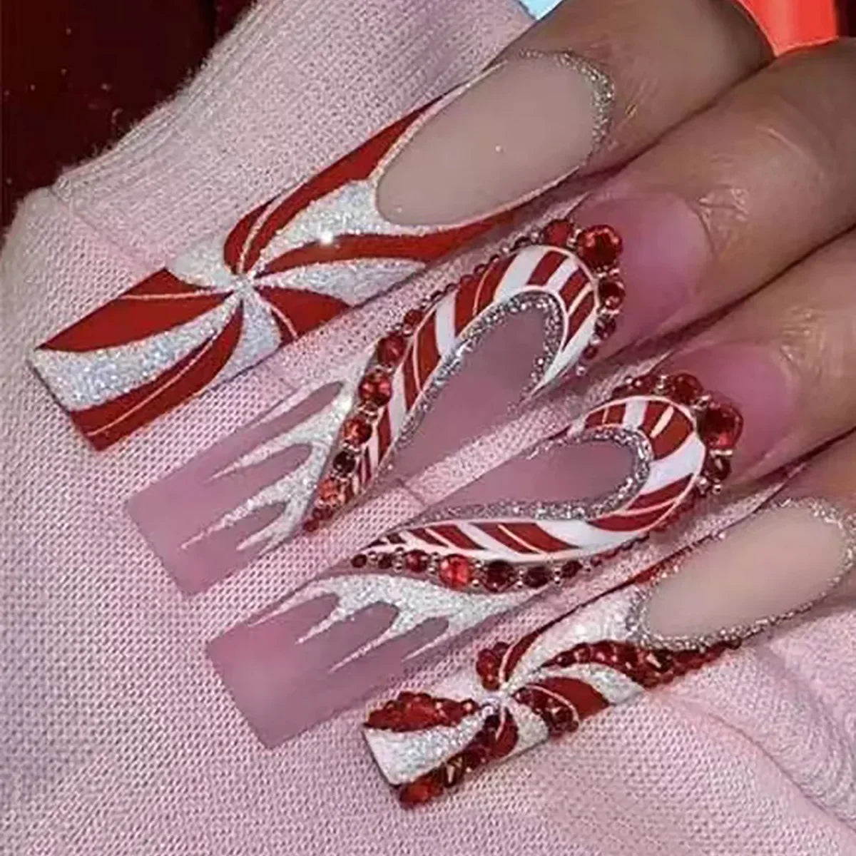 Aovica 24Pcs Long Ballet Christmas False Nails Wearable Xmas pattern Fake Nails Elk Santa Claus snowflakes Full Cover Press on Nail Tip