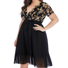 AOVICA-Plus Size Loose Floral Print Dress V Neck Short Sleeve High Waist Lace Up Perspective Mesh Splicing Elegant Vestido Feminino