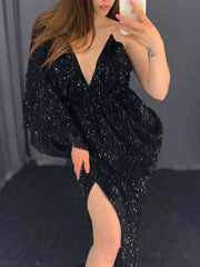 Aovica-New Sexy shiny sequins Bat sleeve Backless long sleeve party Dress Women Evening Dress Vestidos