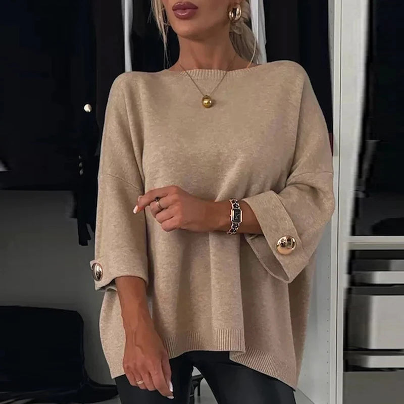 2024 Casual Button Commuting Sweater Pullover Fashion High Street Autumn Sweaters Women O Neck Long Sleeved Solid Knitted Tops