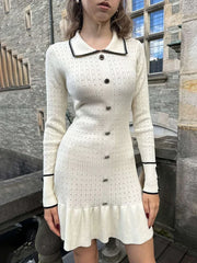 Aovica Ruffled Knitted Mini Dress For Women Hollow Lapel Button Long Sleeve Slim Fit Dresses Autumn Contrast Color Retro Elegant