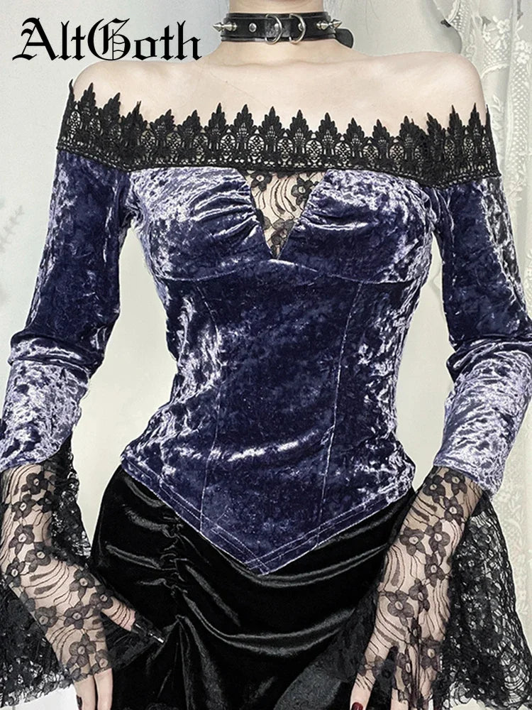 Aovica Aesthetic Dark Gothic Velvet T-shirt Women Vintage Streetwear Elegant Fairy Lace Patchwork Flare Sleeve Crop Tee Tops