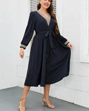 AOVICA Plus Size Contrast Lace V Neck Bishop Sleeve Belted Dress Women Spring Fall Elegant Street A-line Casual Long Dresses
