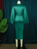AOVICA-Long Sleeve Green Dresses Bodycon Elastic Satin Midi Dress Elegant plus Size Shiny Evening Christmas Party Church Outfits