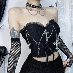 Aovica-Halloween Outfits Halloween Gifts Gothic Style Emo Gothic Cross Chain Crop Tube Top Women's Sexy Harajuku Ruched Lace Trim Strapless E Girl Hippie Party Grunge Tops