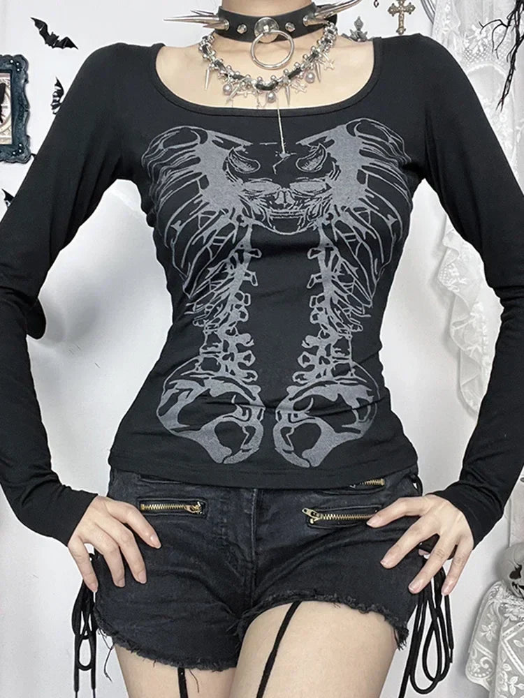 Aovica Harajuku Punk T-shirt Women Dark Gothic Streetwear Bone Printed Back Hollow Out Long Sleeve Tee Tops Y2k Rave Outfits