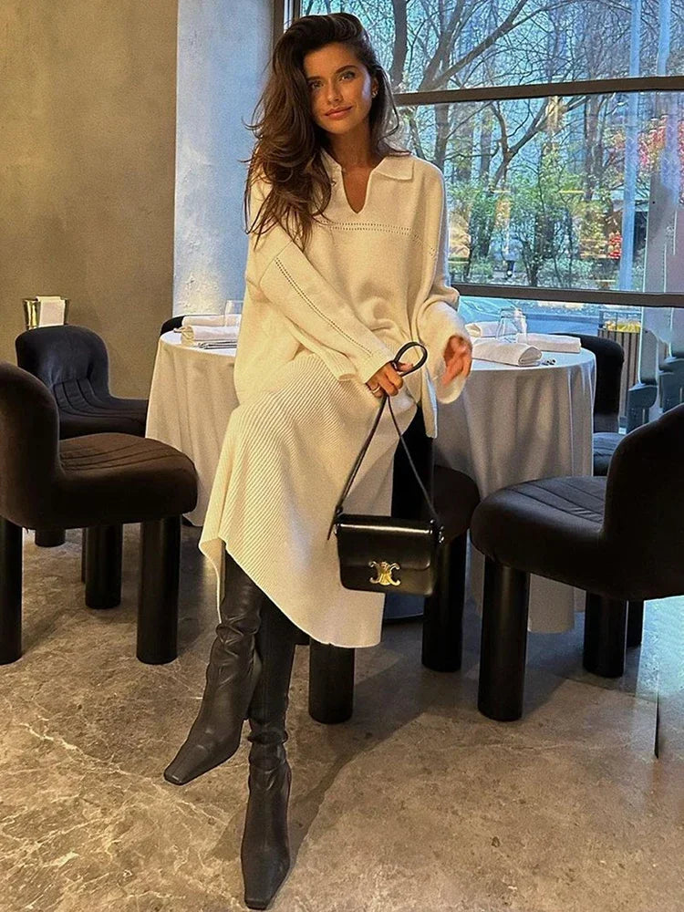 Aovica Solid Loose Sweater Suit Female Fashion V-Neck Knit Pollover Top Long Skirt High Waist Autumn Winter Skirt 2 Piece Set