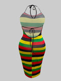 AOVICA Plus Size Striped Backless Dress Color Contrast Sleeveless Mid Calf Wrapped Skirt Rainbow One Piece Overalls Boho Maxi Dress