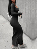AOVICA Essentials Women's Dresses Plain BASICS U Neck Bodycon Maxi Dress Lounge Long Dress Elegant Long Sleeve Casual Pencil Vestido