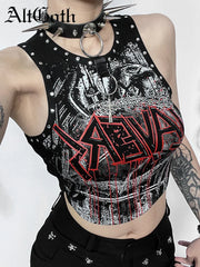 Aovica Cyber Punk Y2k Gothic Vest Women Streetwear Harajuku Hip Hop Grunge Printed Rivets Crop Tank Tops Emo Alt Hipster Outfit