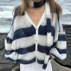 Aovica Fashion Striped Sweater Cardigan With Scarf Female Loose Thin Hollow Knitted Top Lantern Sleeve Contrast Color Retro Top