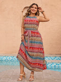 AOVICA Plus Size Ethnic Print Tie Halter Neck Belted Dress Women 2024 Summer Bohemian Beach Vacation A-line Swing Long Dresses
