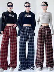 Aovica  Autumn New Retro Plaid Pants American Loose Casual Wide Leg Trousers Women's Lazy Slimming  Floor Checkered  Pants