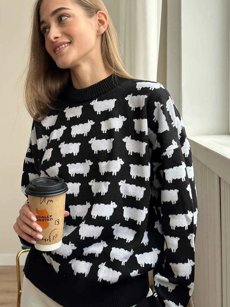 Aovica O-Neck Alpaca Printed Sweater For Women Loose Casual Sweater Pullover Fashion Long Sleeve Retro Knitted Autumn Winter Top