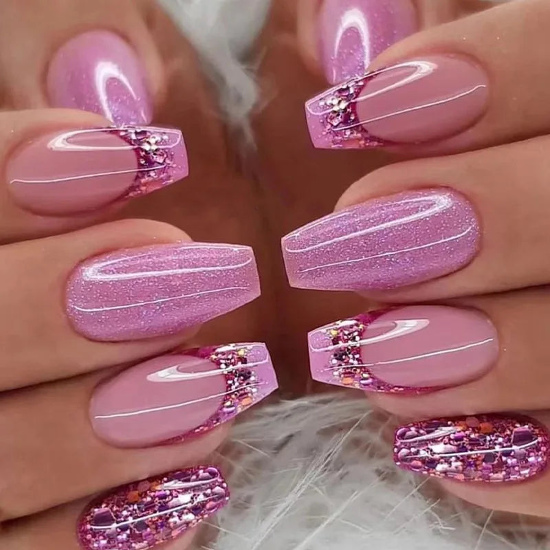 Aovica 24Pcs False Nails Long Ballet French Fake Nails with Rhinestone Glitter Pink Heart Designs Press on Nail Full Cover Manicure Tip