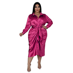 AOVICA-Elegant Satin Plus Size Women Shirt Dress Sexy Ruched Long Sleeve Lace Up Evening Party Midi Drerss Vestido Africano Feminino