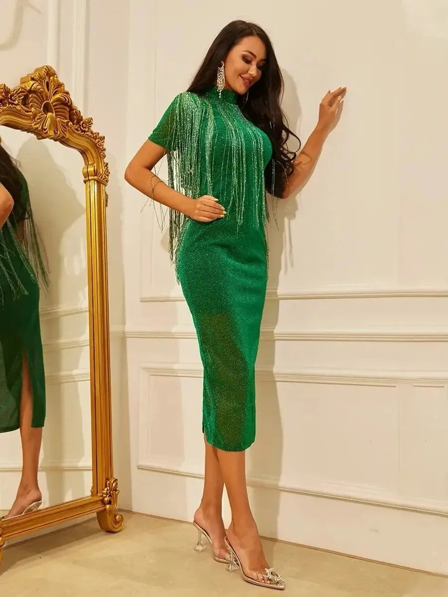 Aovica- new fashion sexy tassel slim dress evening dress