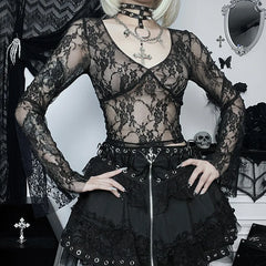 Aovica-Halloween Outfits Halloween Gifts Gothic Style Y2k Style Fairycore See Through Lace Shirts V Neck Flared Long Sleeve Crop Tops Womens Clothing Trending